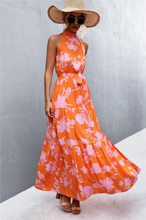 printed-sleeveless-tie-waist-maxi-dress Sophia's Trends - Sophia's Style-Gum Leaf-M